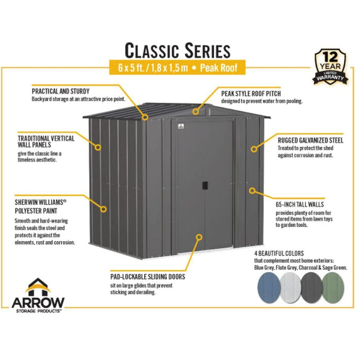 Classic Steel Storage Shed, 6X5, Flute Grey