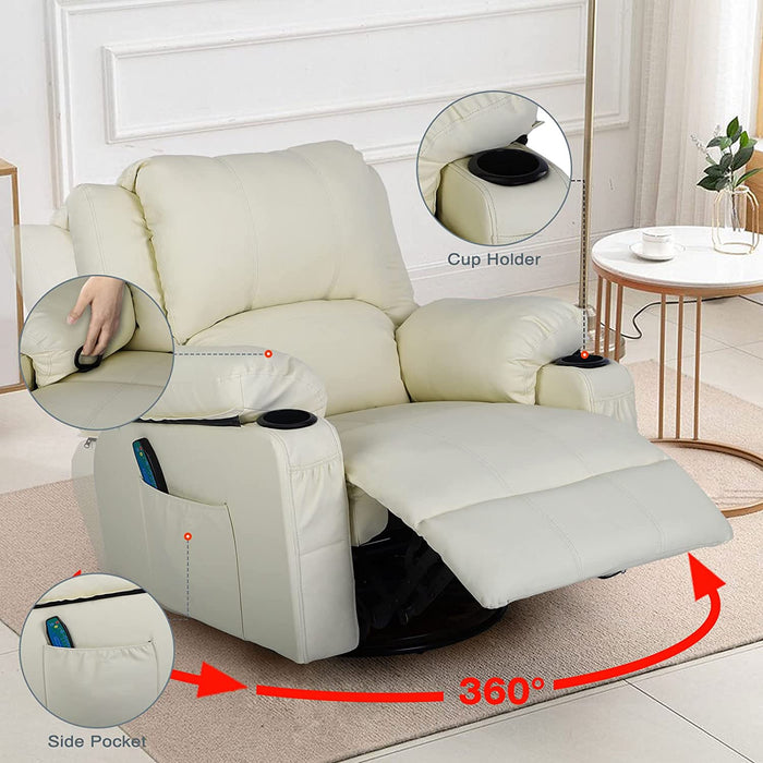 Modern Leather Recliner Chair with Massage and Heat (White)