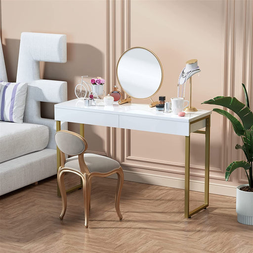 White Glossy Vanity Desk with Gold Legs, 2 Drawers