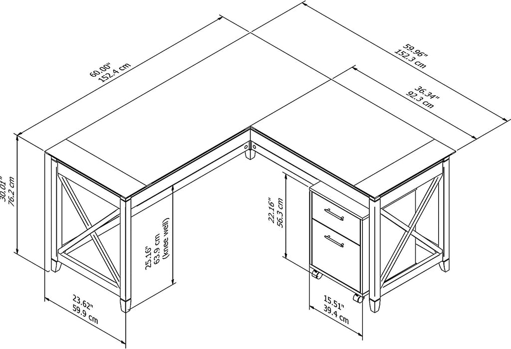 Key West L-Shaped Desk with 2 Drawer Cabinet, Oak