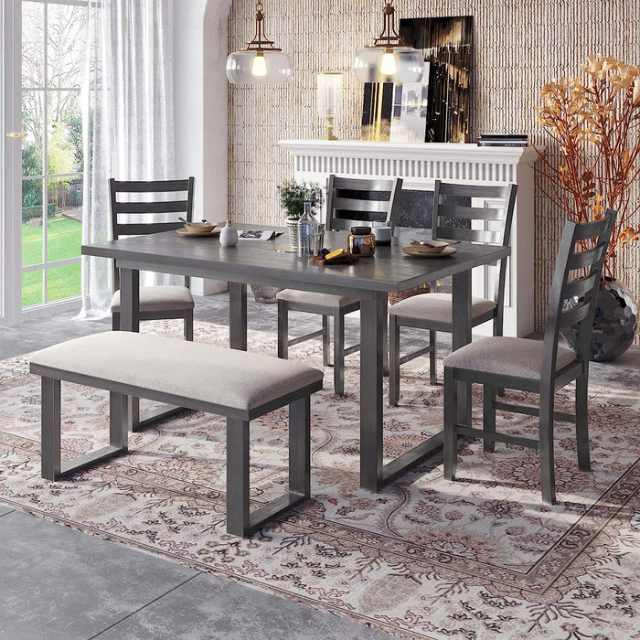 6 Piece Wooden Dining Set for 6 with Cushioned Chairs & Bench