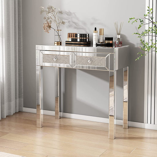 Mirrored Vanity Desk with Crystal Diamond Accents