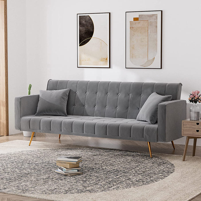 Grey Velvet Futon Sofa Bed with Adjustable Backrest