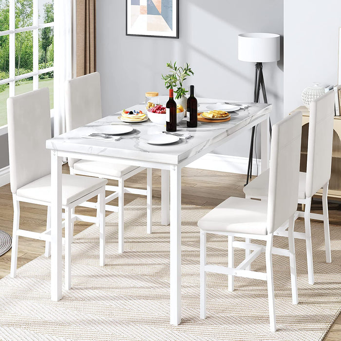 Faux Marble Dining Table Set for 4, All White