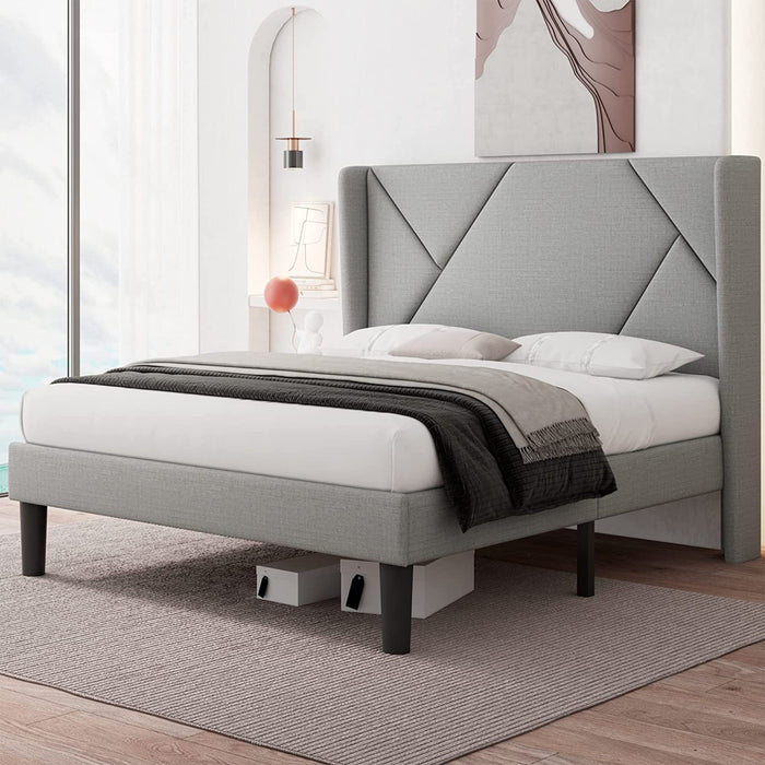 Light Grey Wingback Queen Upholstered Platform Bed Frame W/ Wood Slats Support