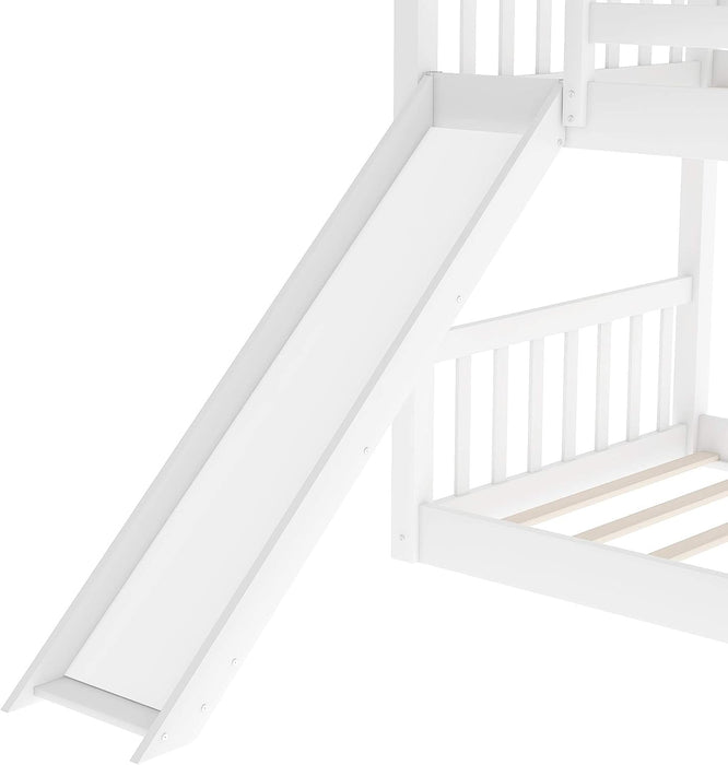 Solid Wood Low Twin over Twin Bunk Bed with Slide