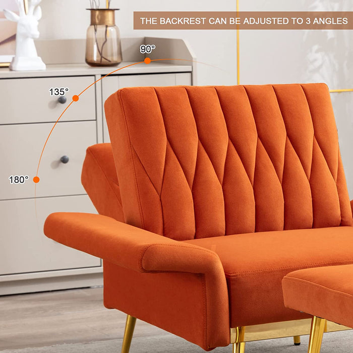 Orange Velvet Chair with Ottoman and Armrests