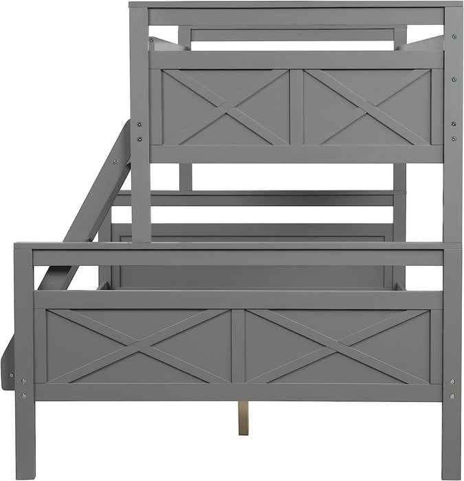 Twin over Full Wood Bunk Bed with Guardrail, Gray