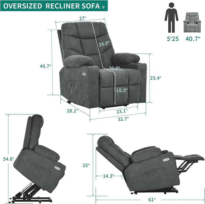 Dark Grey Power Lift Recliner Chair with Massage and Heat