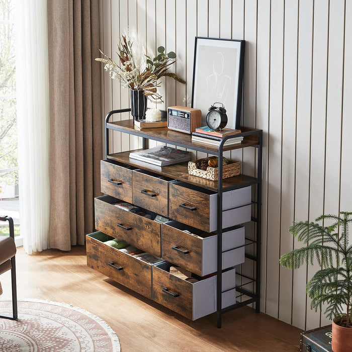 Rustic Brown and Black 7-Drawer Dresser with Shelves