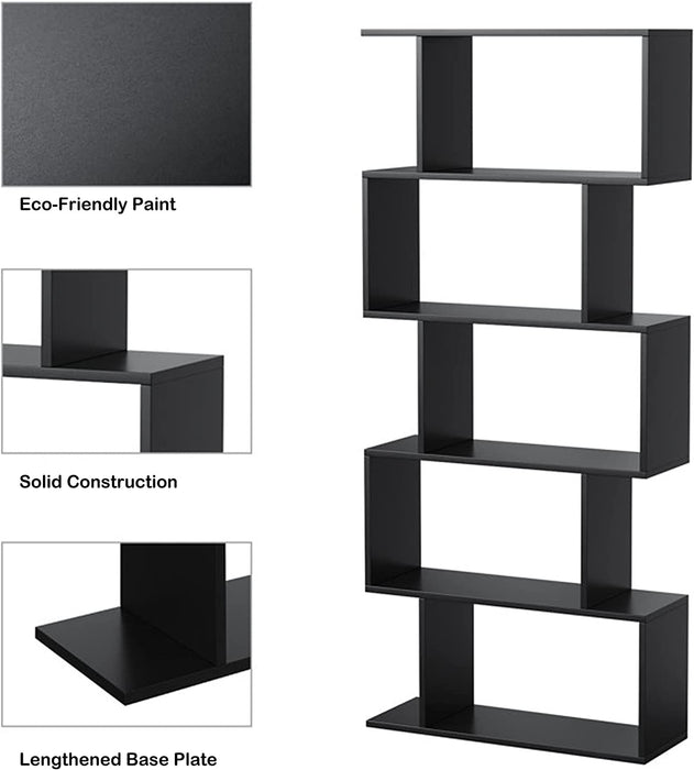 Modern S-Shaped Black Bookcase for Multifunctional Storage