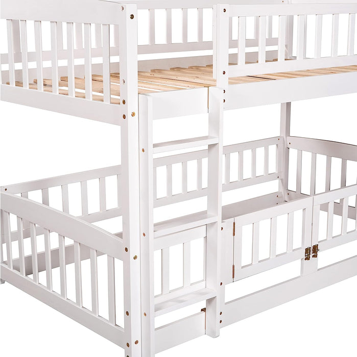 Twin Low Bunk Bed with Openable Fence and Slide, White