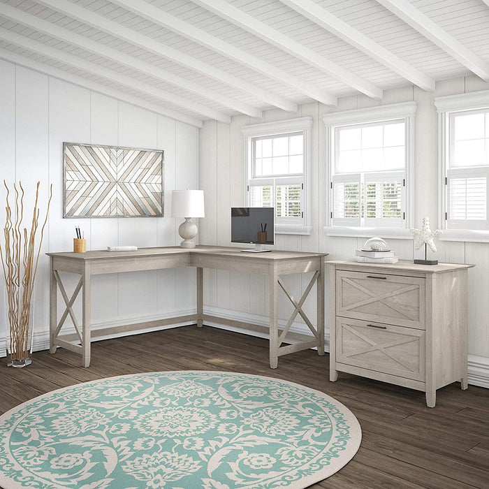 Washed Gray L-Shaped Desk W/ File Cabinet