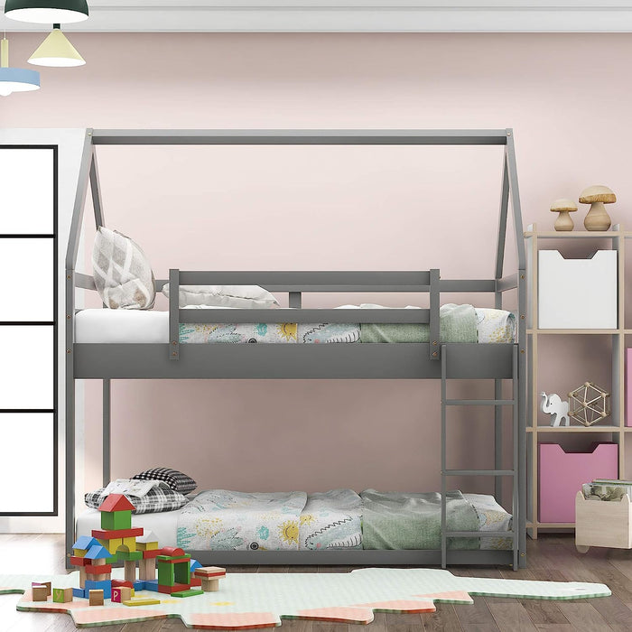 House Shaped Bunk Bed Twin over Twin, Low, Grey
