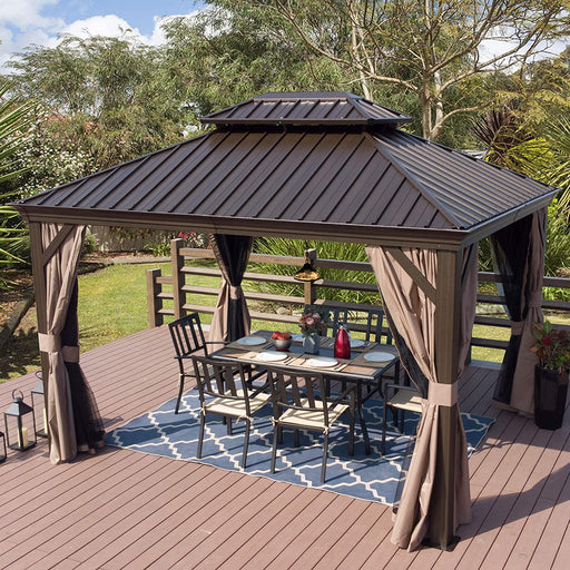 Alexander Permanent Hardtop Gazebo Aluminum Gazebo with Galvanized Steel Double Roof with Mosquito Net and Privacy Sidewalls (Alexander 10'X12'(Brown)