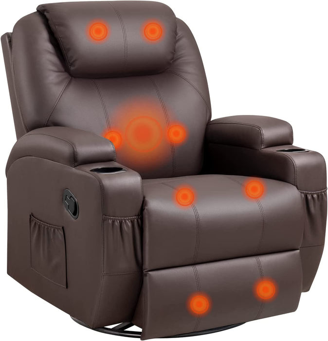 Swivel Rocker Recliner W/Massage, Heat, Remote, Cup Holders, Brown