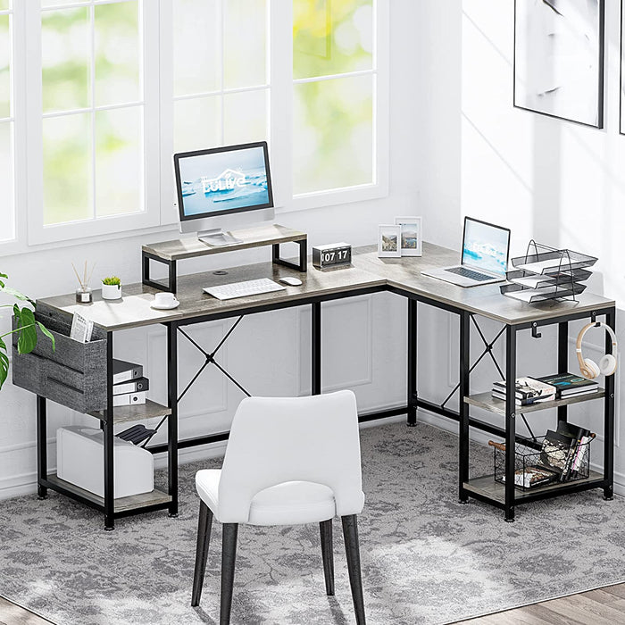 Grey L-Shaped Desk with Shelves and Stand
