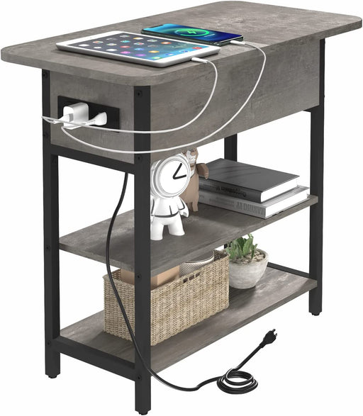 Charging End Table with USB Ports and Outlets, Narrow Nightstand