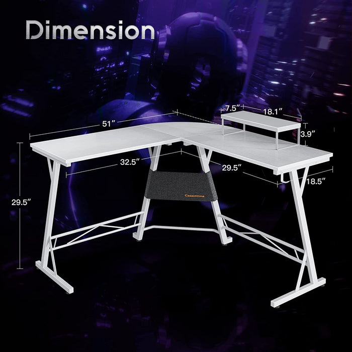 L-Shaped Gaming Desk with Monitor Stand, White