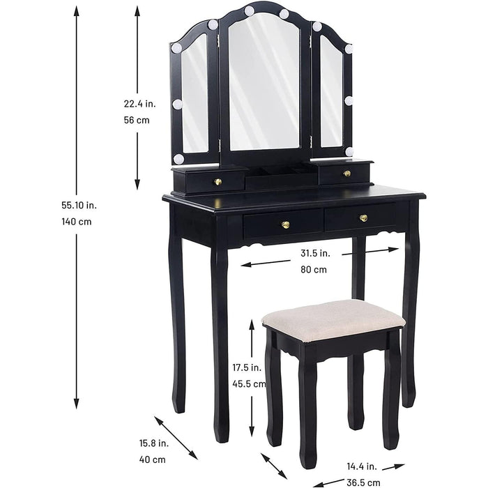 Black Vanity Set with Lighted Tri-Fold Mirror