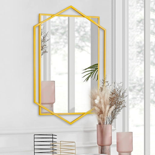 22"X32" Decorative Mirror Wall Decor, Gold Bathroom Mirror for Wall with Hexagon and Rectangular Metal Frame, Modern Elegant Mirror for Living Room, Dining Room, Entrance