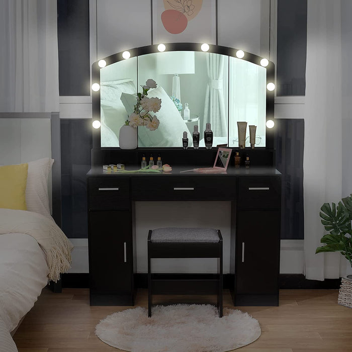 Black Vanity Table Set with Large Lighted Mirror