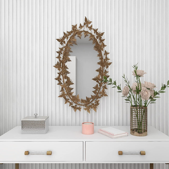 Metal Butterfly Oval 3D Wall Mirror, 19" X 5" X 33", Gold