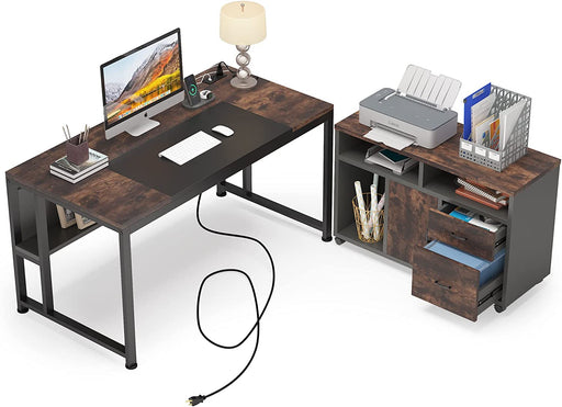 55 Inches Executive Desk with File Cabinet and Power Outlet
