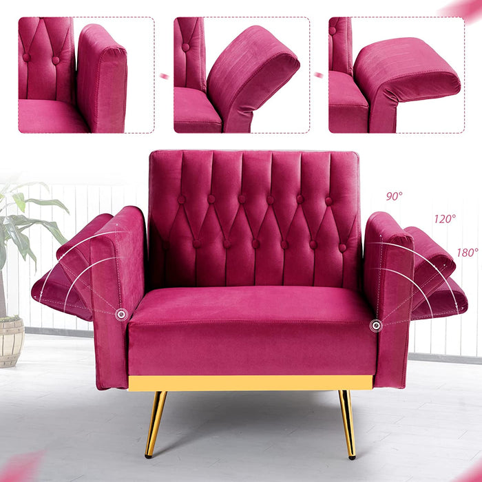 Velvet Accent Chair with Adjustable Armrests, Fuchsia