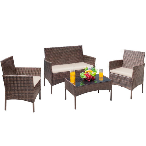 4 Pieces Outdoor Patio Furniture Sets Conversation Sets Rattan Chair Wicker Sets with Cushioned Tempered Glass