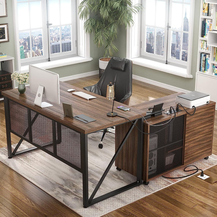 Rustic Oak L-Shaped Executive Desk with Cabinet