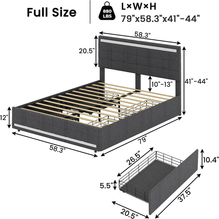 LED Full Size Bed Frame with Storage Drawers, Dark Grey